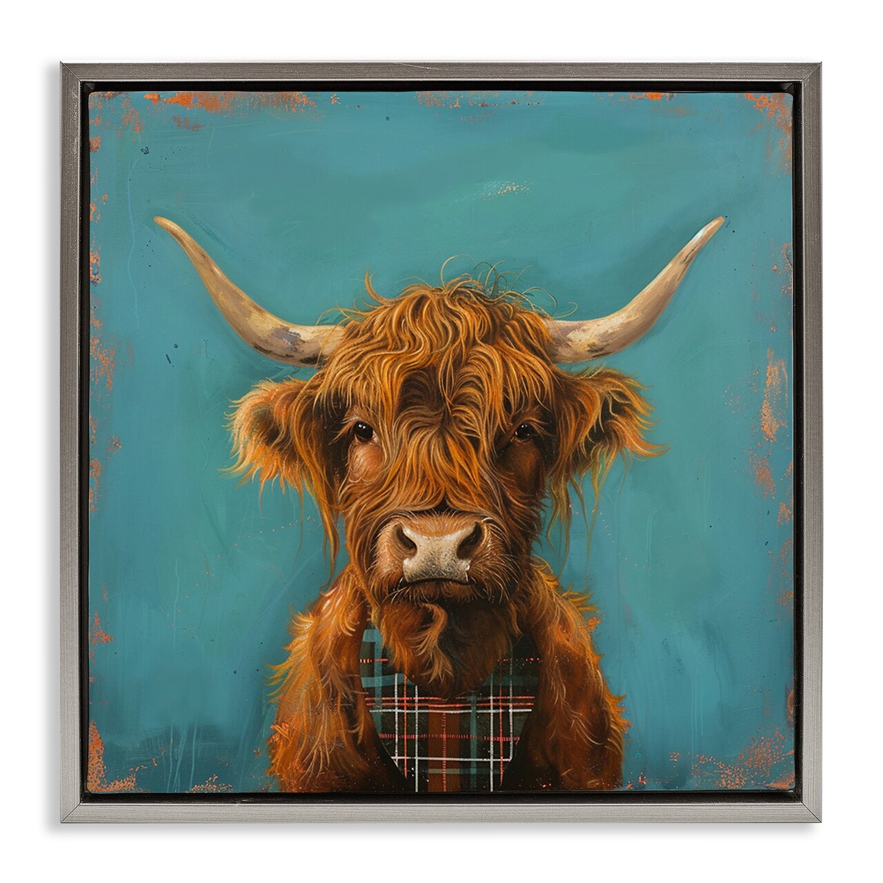 Stupell Industries Highland Cow on Blue Floater Framed Canvas Wall Art Design by LSR Design Studio